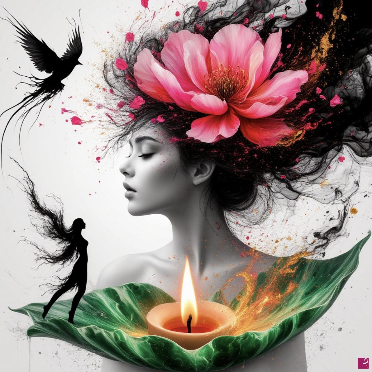 quadri in vendita online - Candle, bird, girl,flowers 
