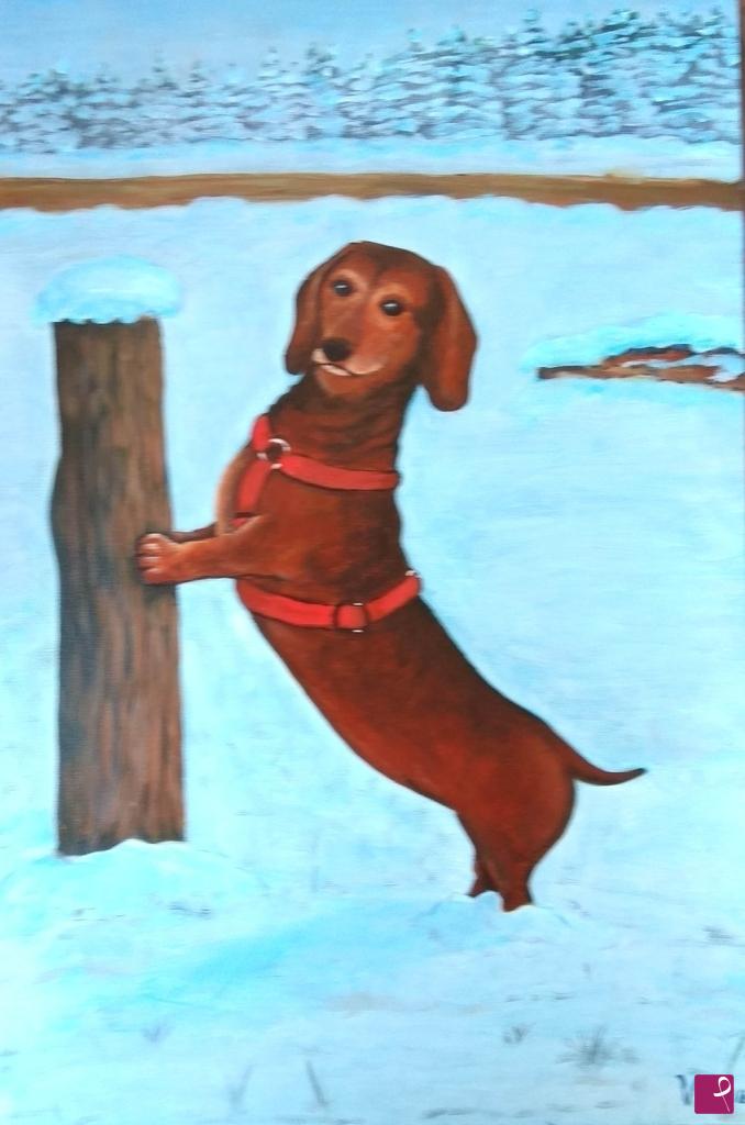 quadri in vendita online - Cane bassotto nella neve..