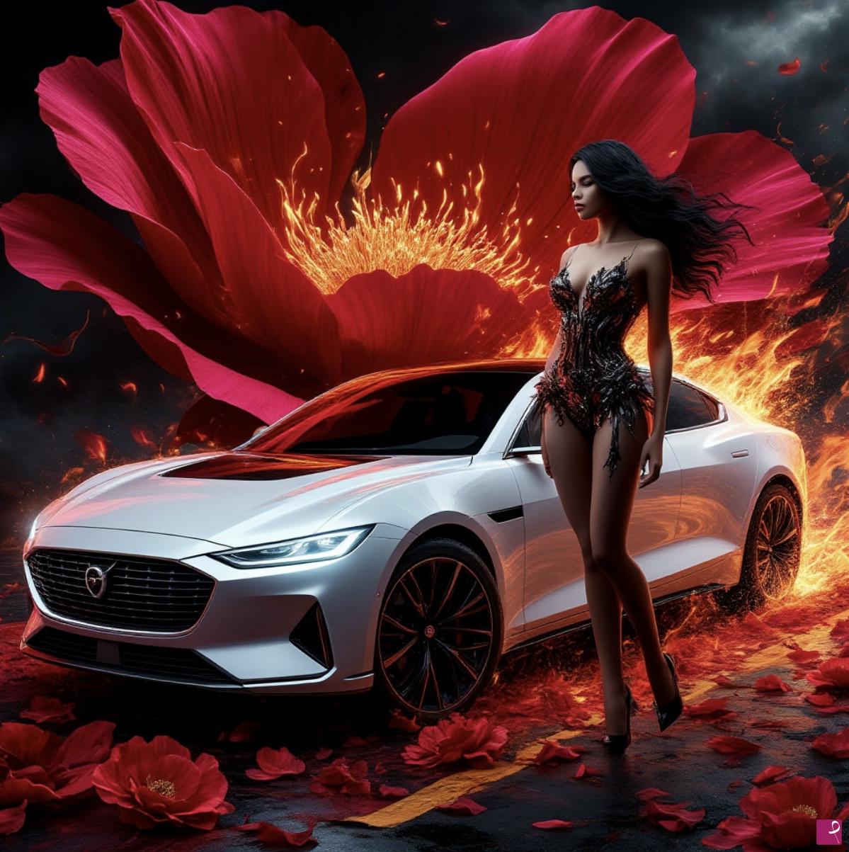 quadri in vendita online - Car and girl with flower 