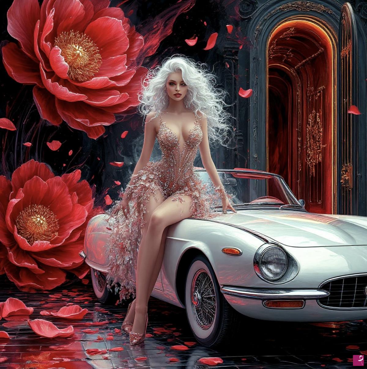 quadri in vendita online - Car, girl and flowers 