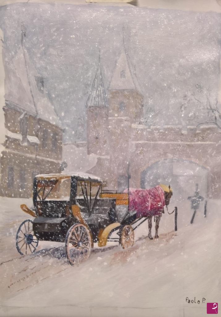 quadri in vendita online - Carretto nella neve in una città del Nord