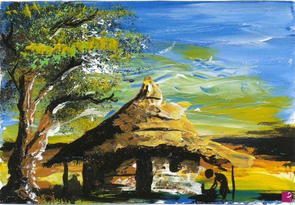 quadri in vendita online - CARTOLINA VILLAGGIO AFRICANO