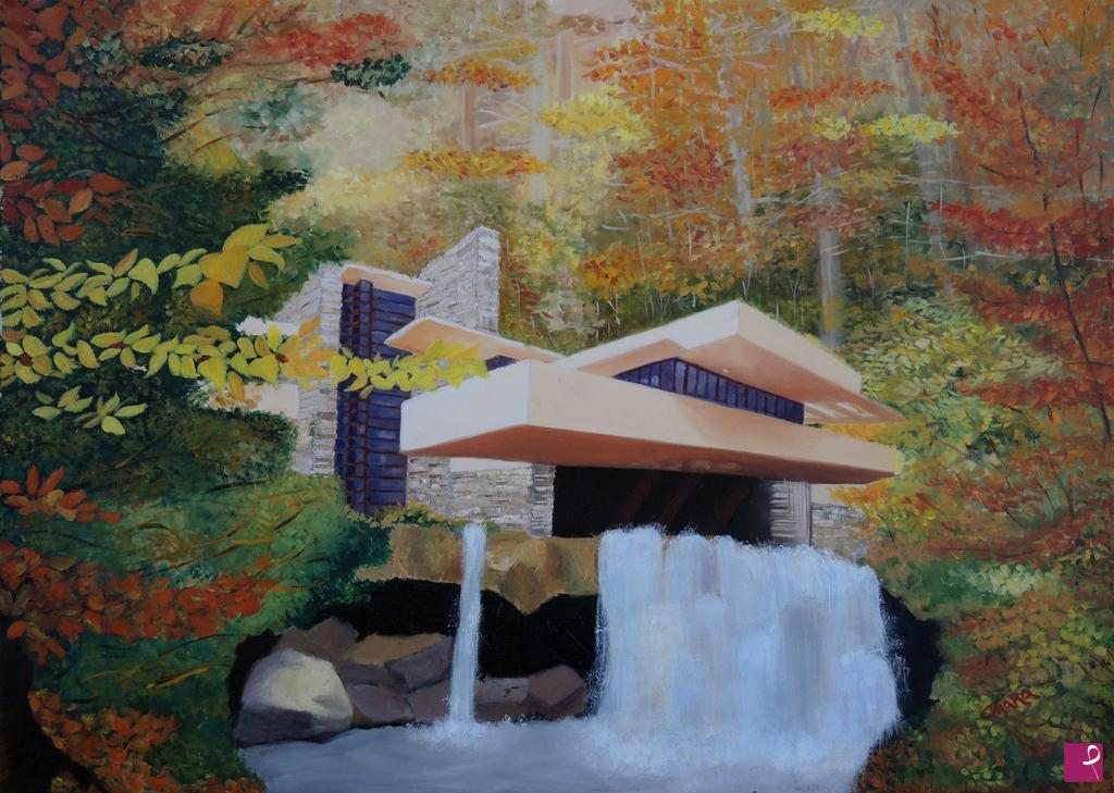 quadri in vendita online -  Casa sulla Cascata in autunno