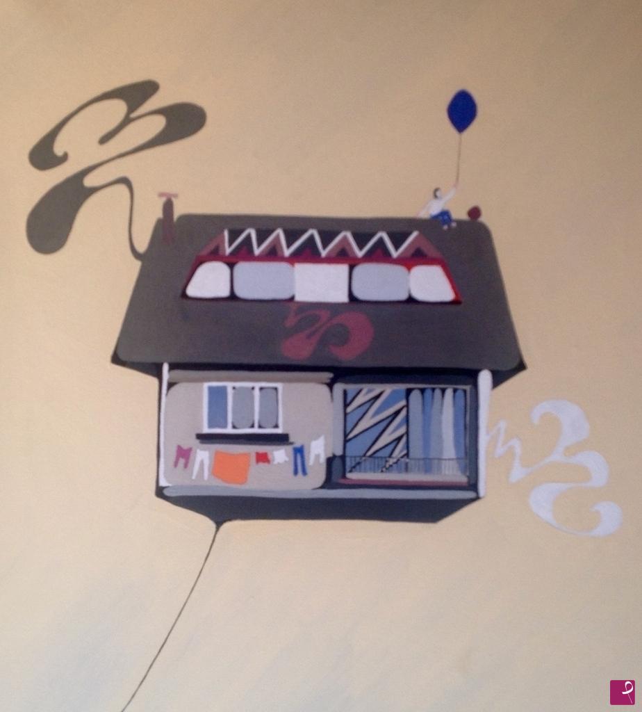 quadri in vendita online - Casa volante con palloncino blu - 2015