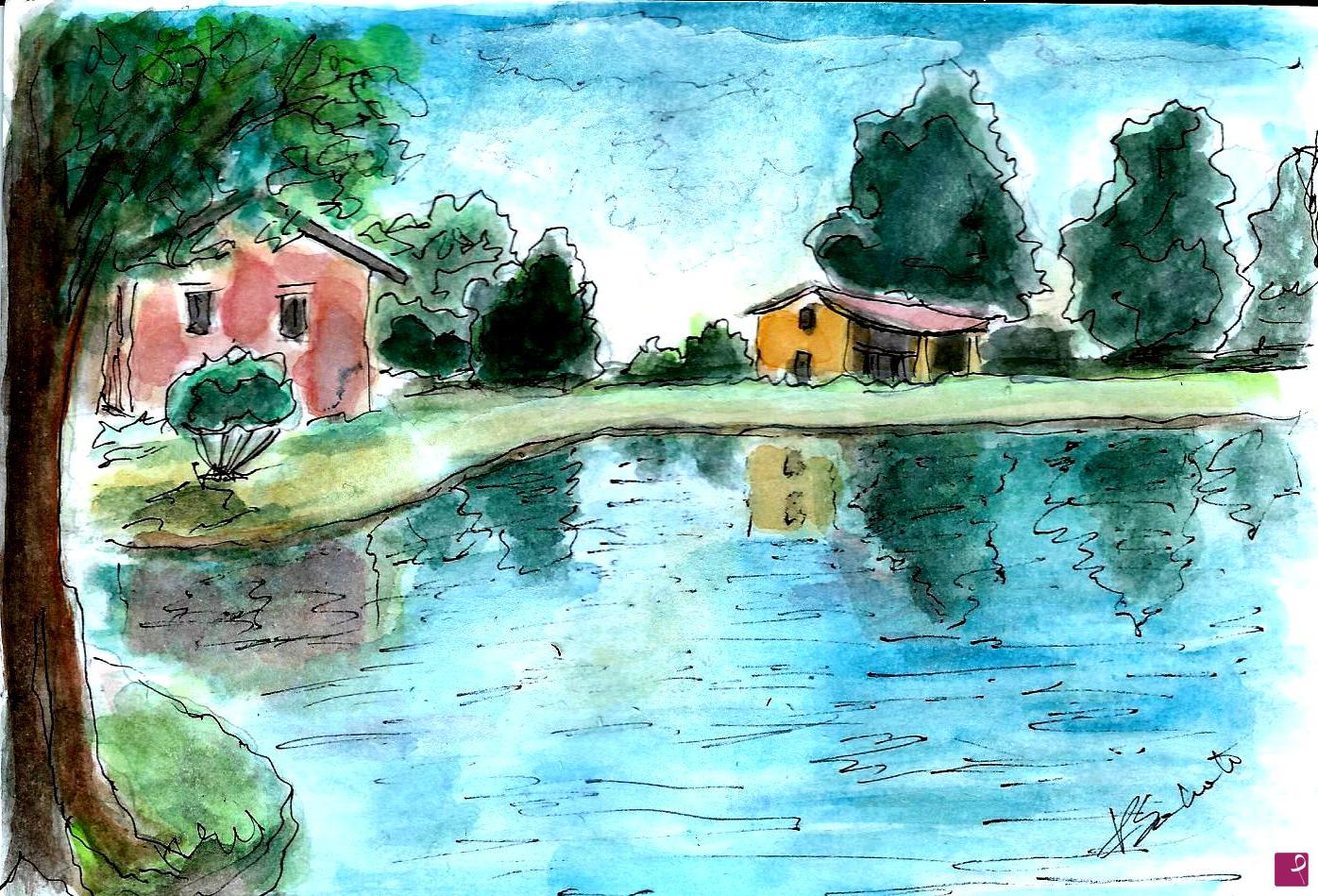 quadri in vendita online - Cascine lungo il fiume
