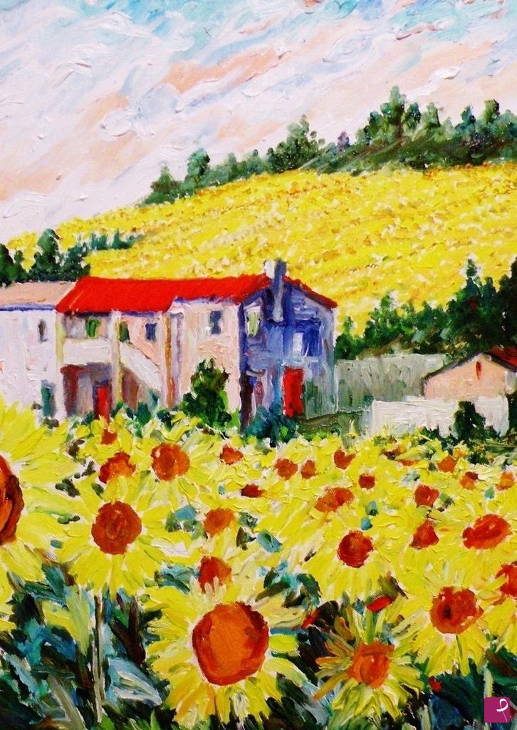 quadri in vendita online - CASOLARI TRA UN MARE DI GIRASOLI