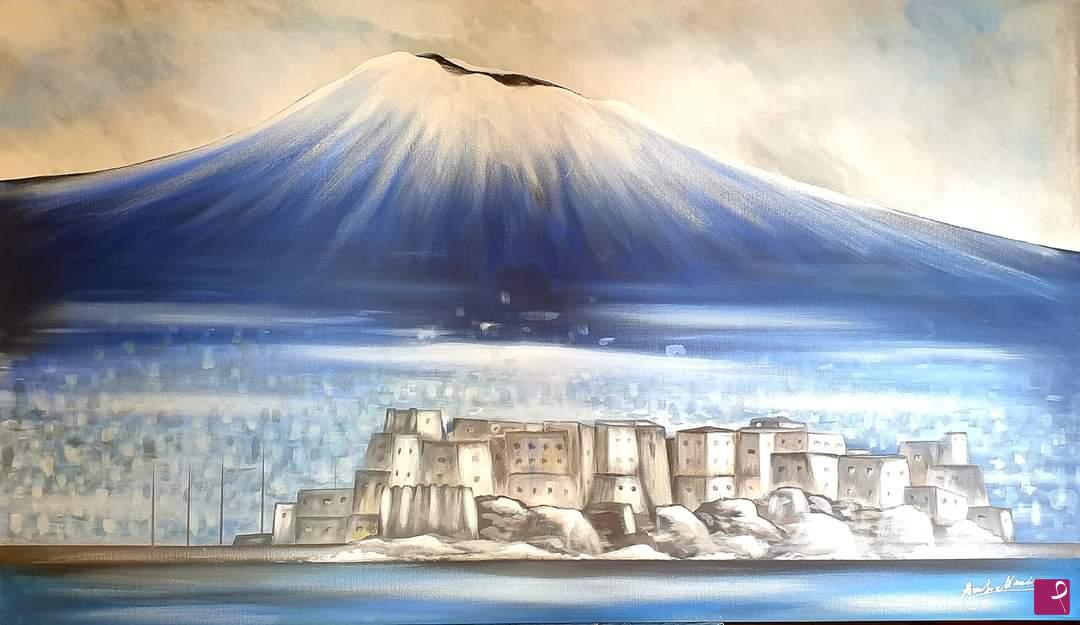 quadri in vendita online - Castel dell'Ovo all'ombra del Vesuvio innevato 