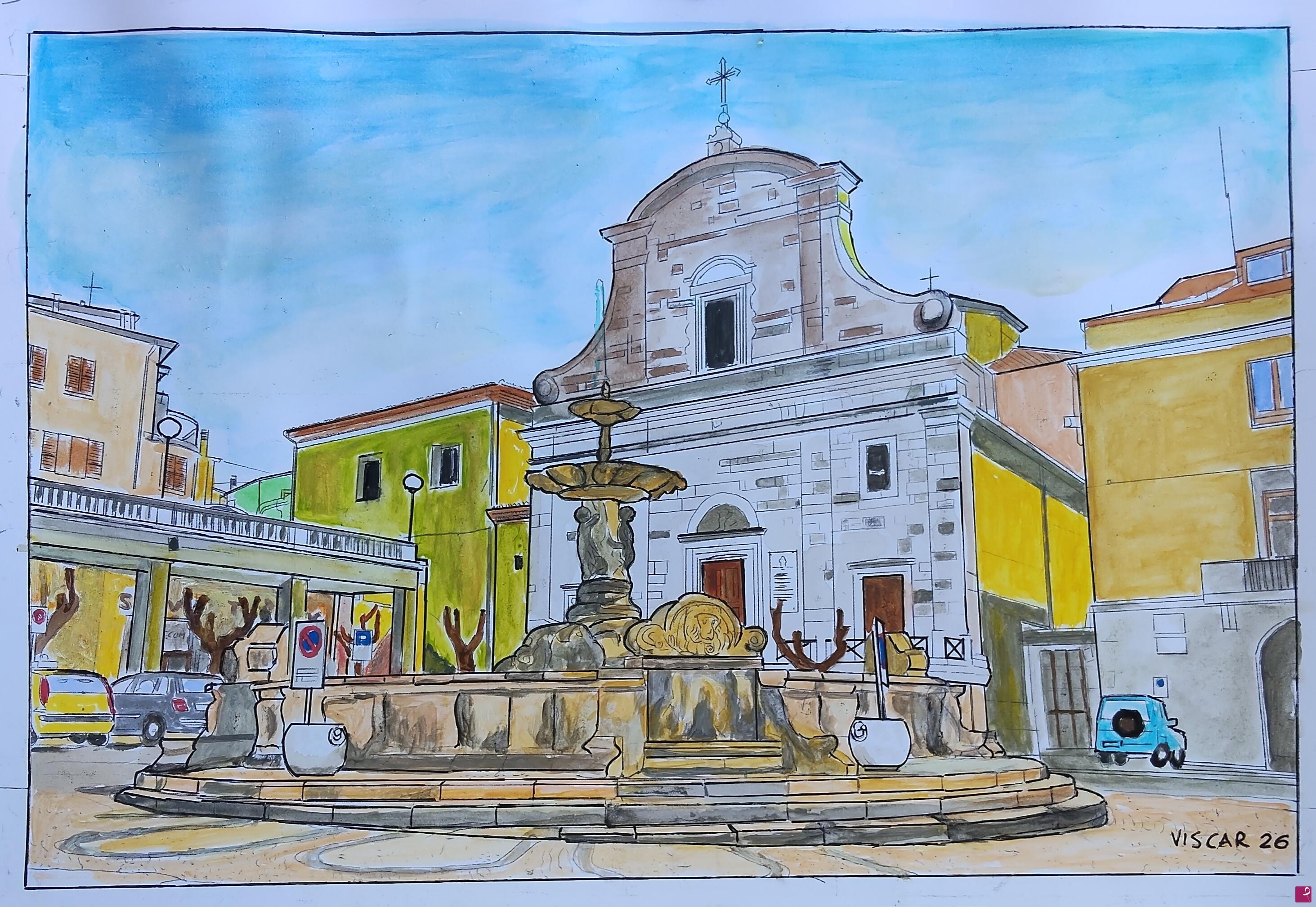 quadri in vendita online - Castel di Sangro AQ. Fontana Monumentale 1898 con la Chiesa di San Giovanni Battista.