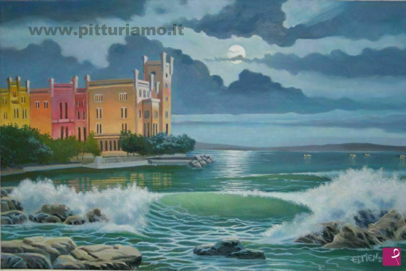 quadri in vendita online - castello di miramare notturno