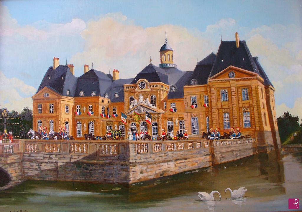quadri in vendita online - Castello Vaux le Vicomte con cavalleria dei Dragoni