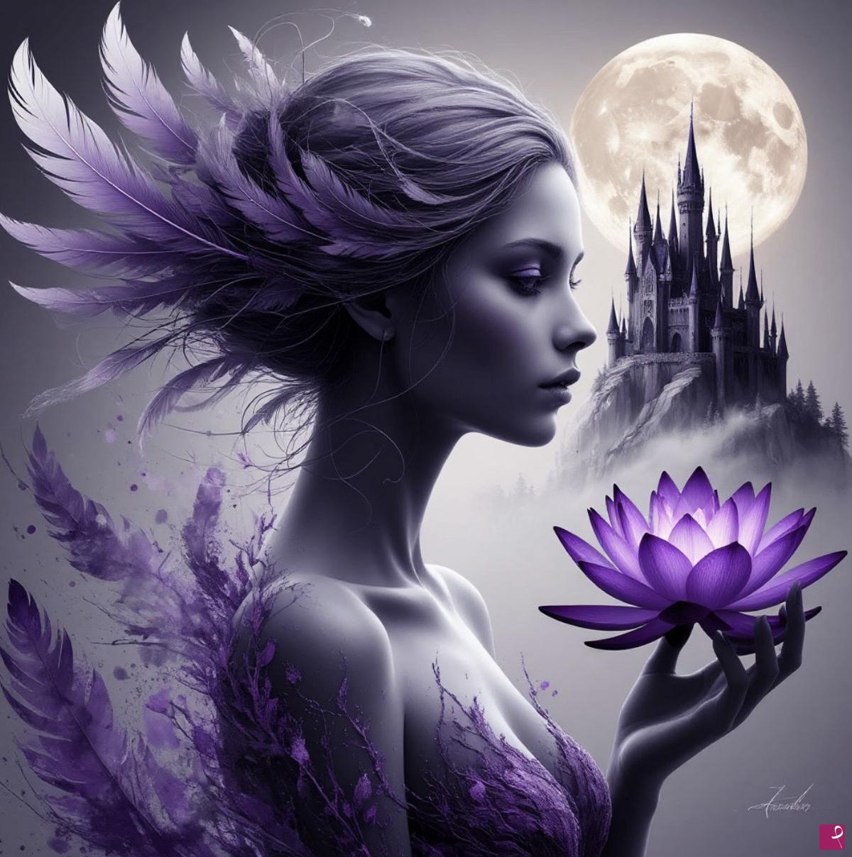 quadri in vendita online - Castle on the mountain,moon, flower, girl 