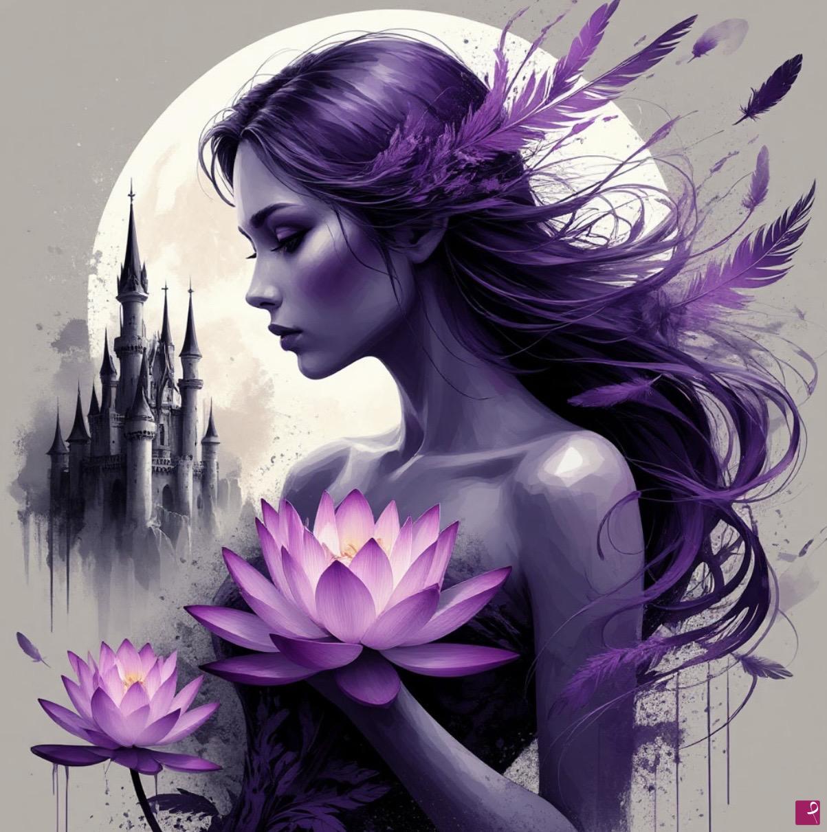 quadri in vendita online - Castle, Sun,girl with flowers 