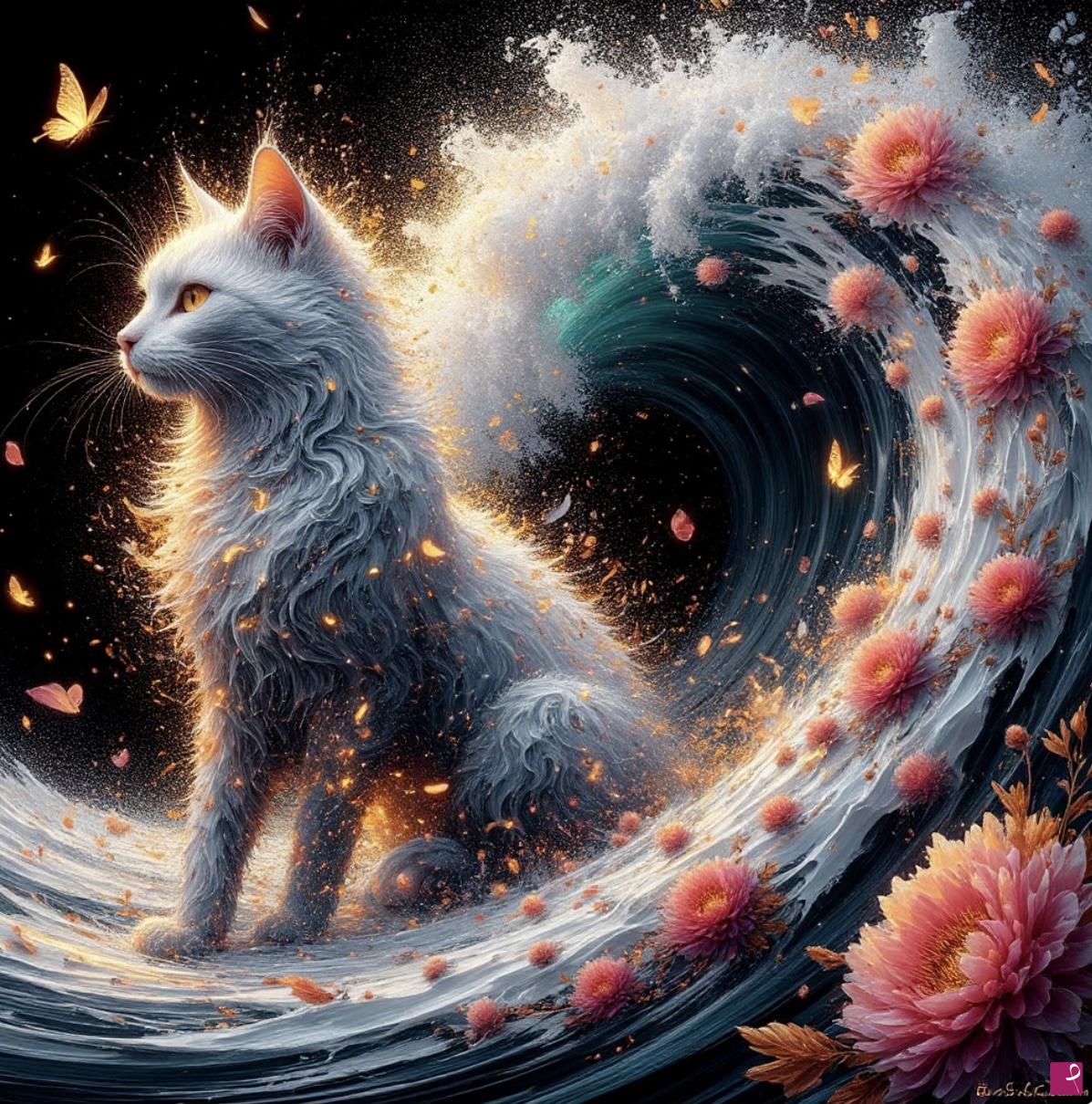quadri in vendita online - Cat and sea waves 