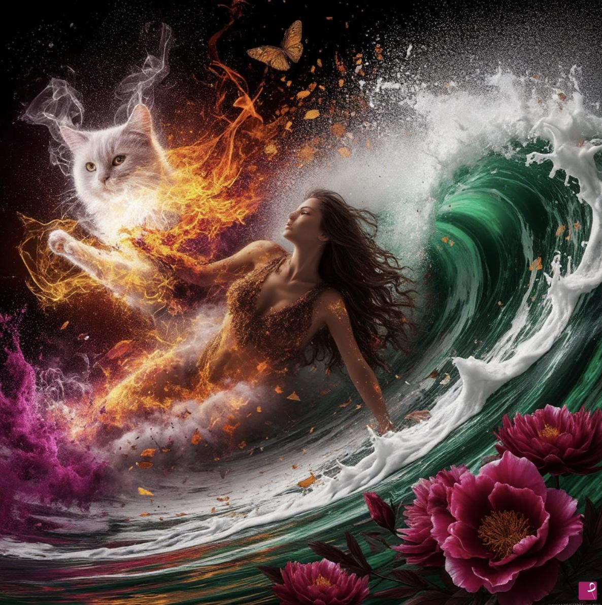 quadri in vendita online - Cat and women in oceans waves 
