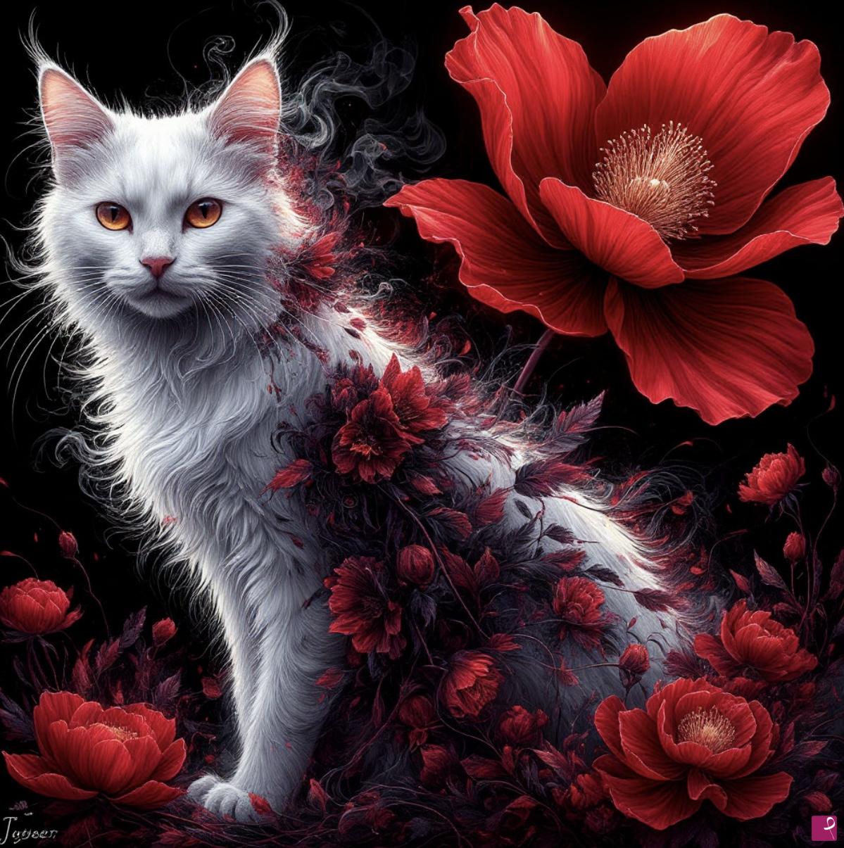 quadri in vendita online - Cat, flowers and butterflies 