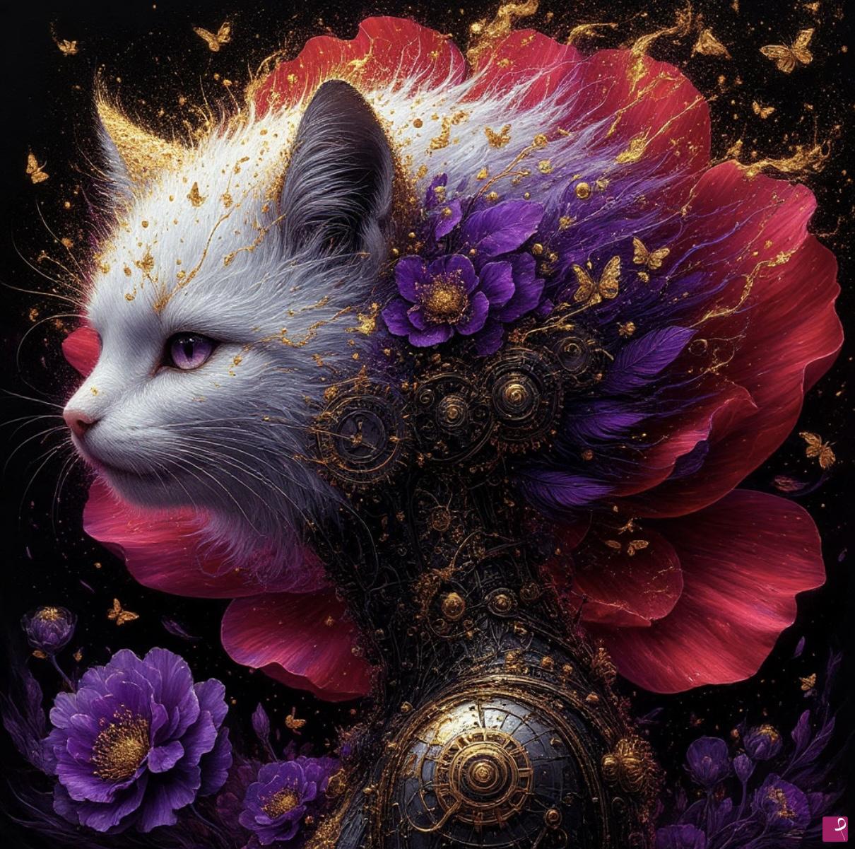 quadri in vendita online - Cat, flowers and butterflies 