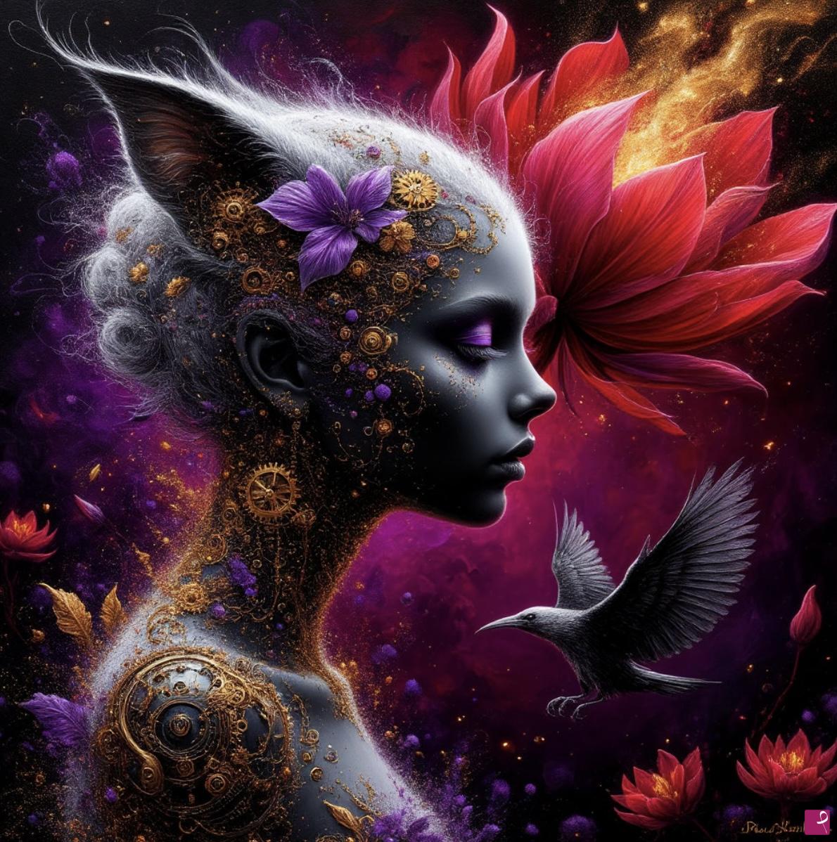 quadri in vendita online - Cat-girl and bird, flowers 