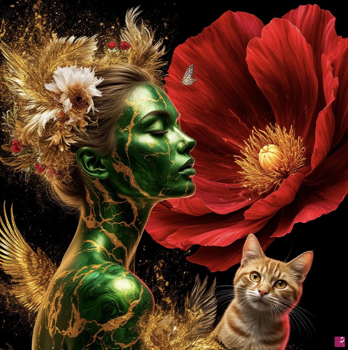 quadri in vendita online - Cat, woman big flower 