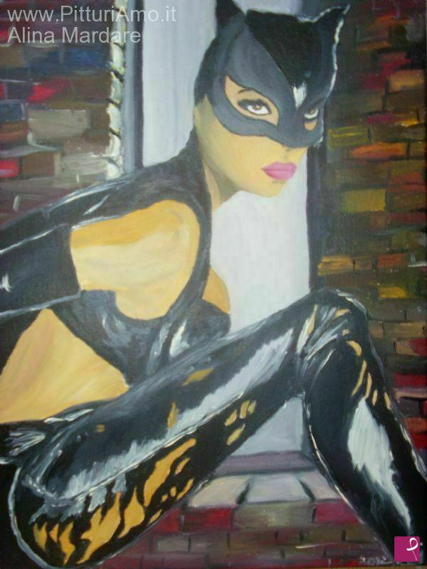 quadri in vendita online - CATWOMAN ritratto olio su tela