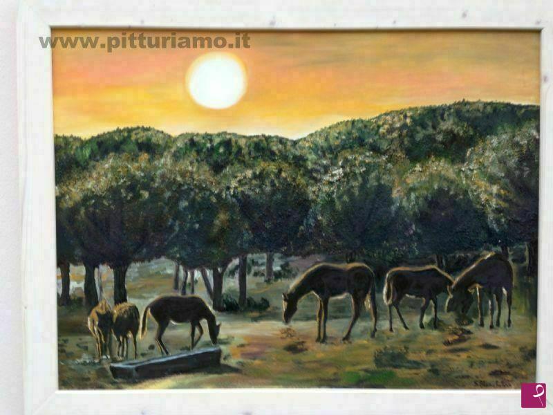 quadri in vendita online - Cavalli al tramonto