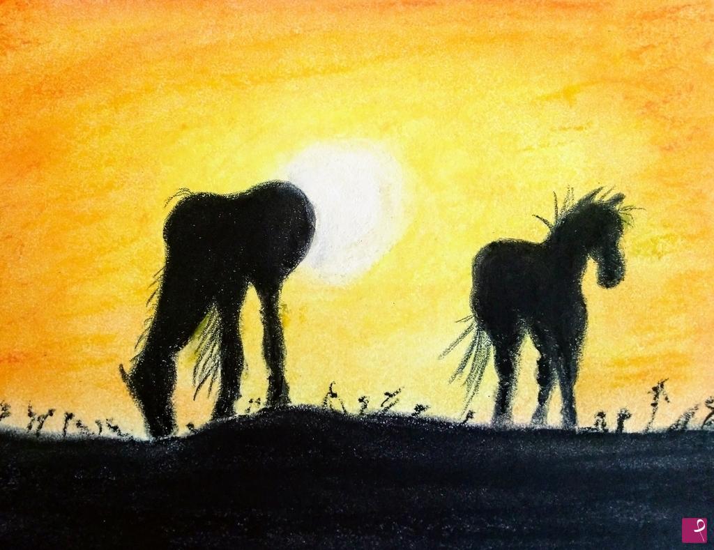 quadri in vendita online - Cavalli al tramonto