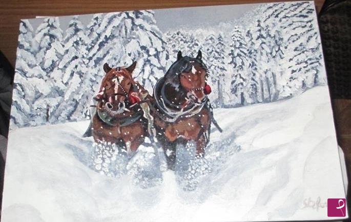 quadri in vendita online - Cavalli da tiro nella neve