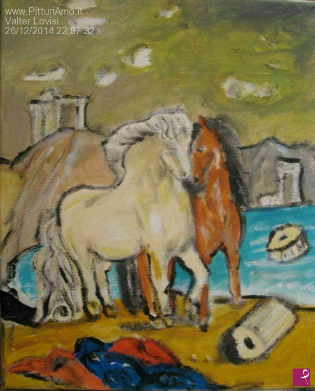 quadri in vendita online - Cavalli in riva al mare (liberamente ispirato a G. de Chirico)
