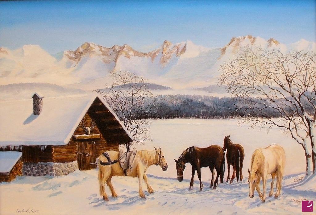 quadri in vendita online - Cavalli nella neve