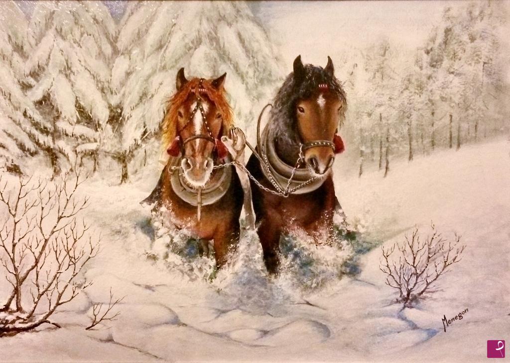 quadri in vendita online - Cavalli nella neve