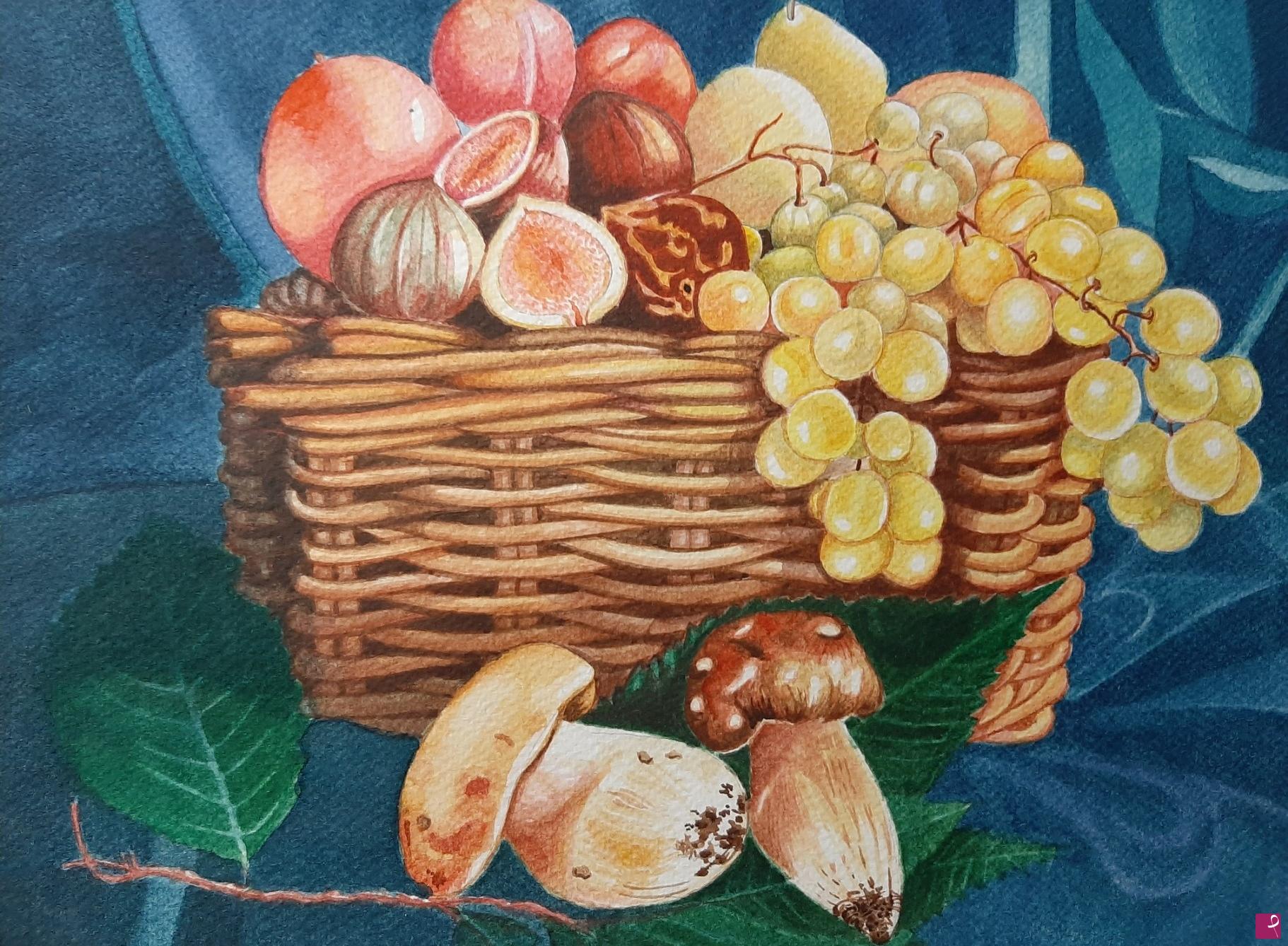 quadri in vendita online - Cesto di frutta con funghi