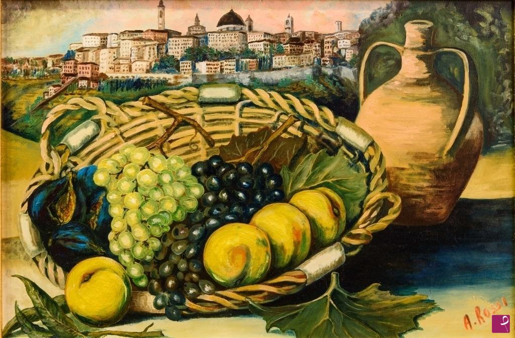 quadri in vendita online - CESTO DI FRUTTA CON SFONDO BERGAMO ALTA (2010)