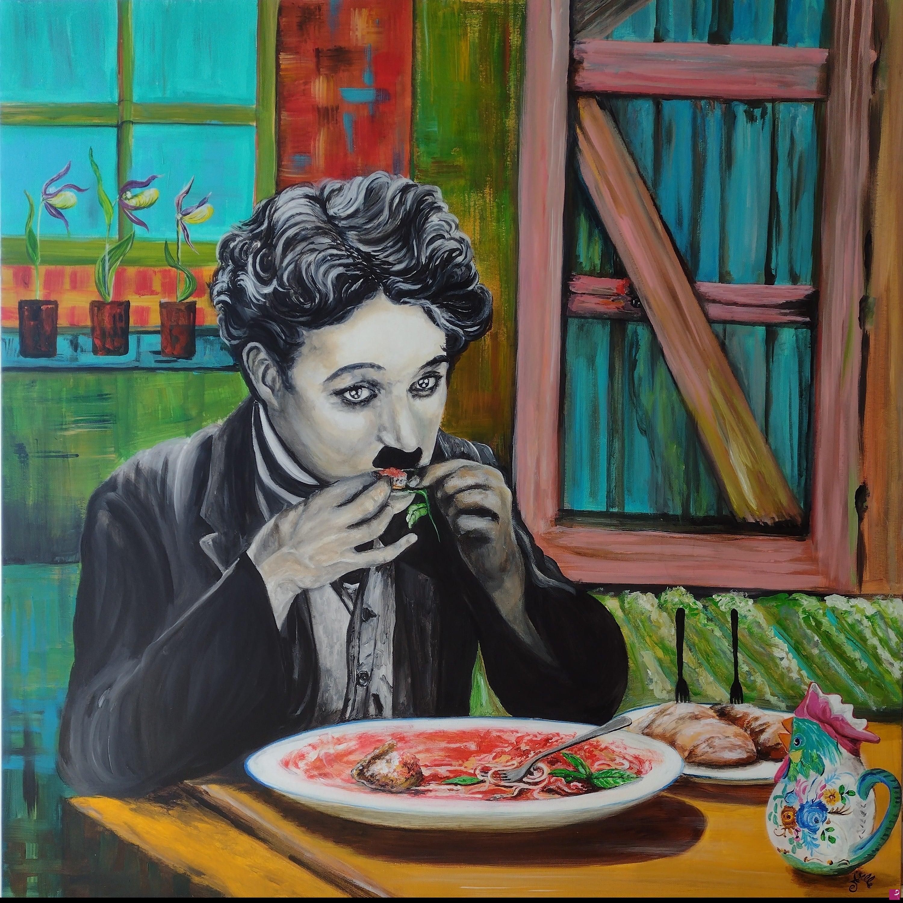 quadri in vendita online - Charlie Chaplin, mangi la foglia? Thought you was a chicken! 