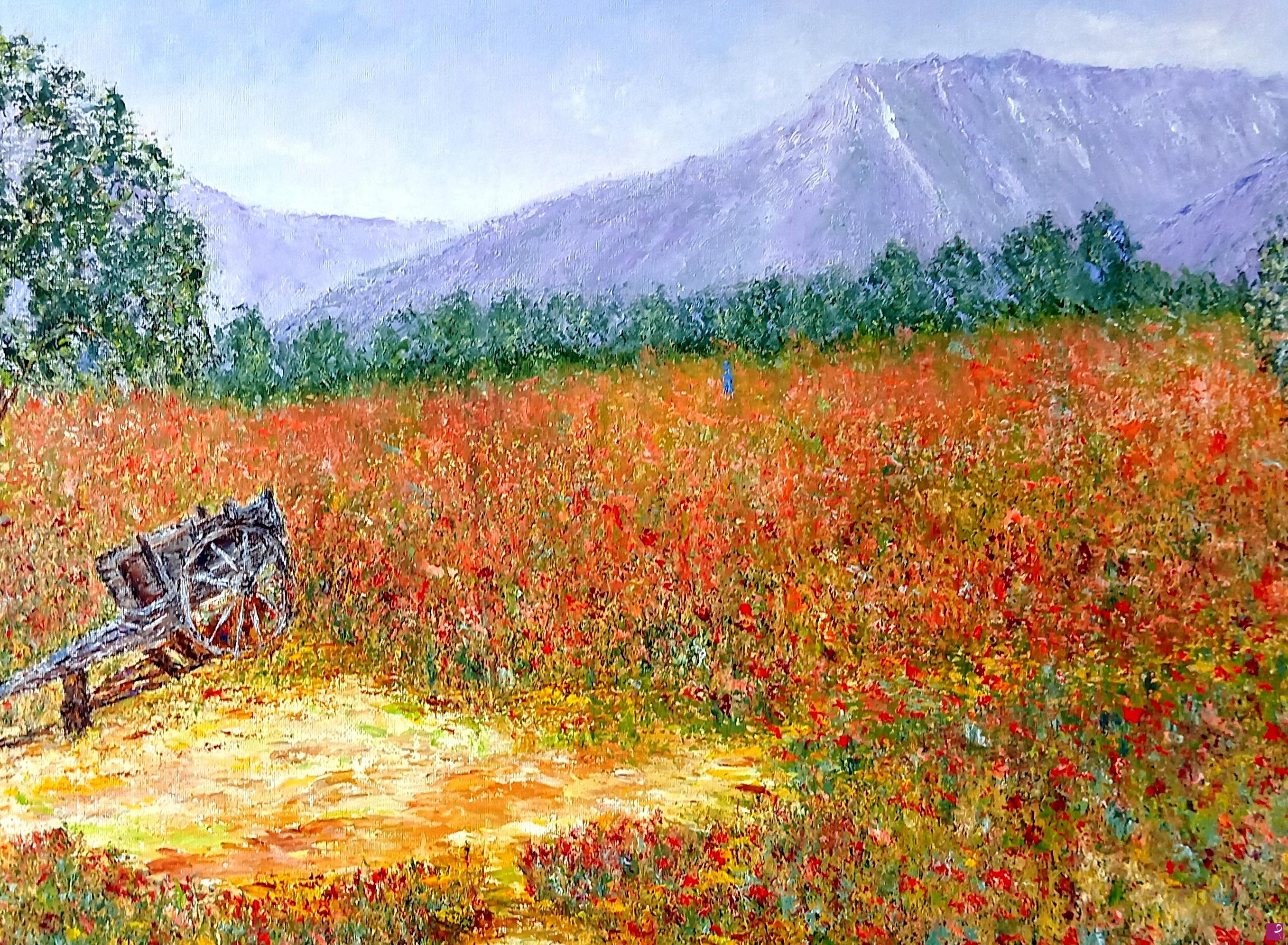 quadri in vendita online - CHARRETON DANS UN CHAMP DE COQUELICOTS