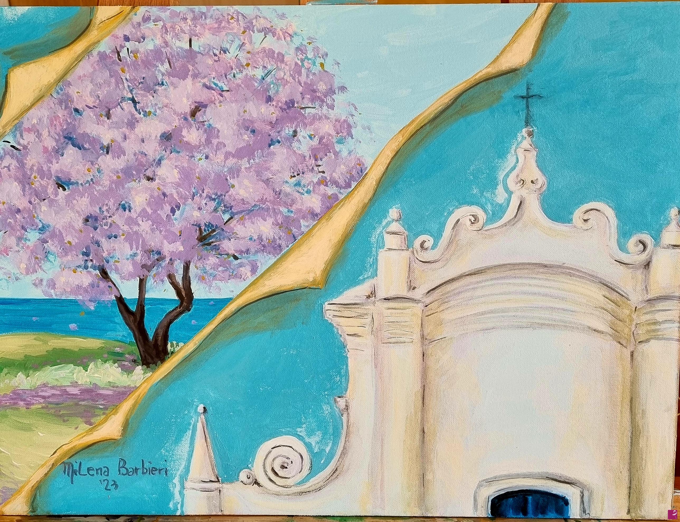 quadri in vendita online - Chiesa di Santo Stefano a Capri con jacaranda