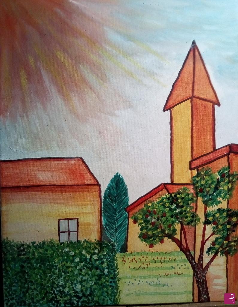 quadri in vendita online - Chiesa parrocchiale al tramonto