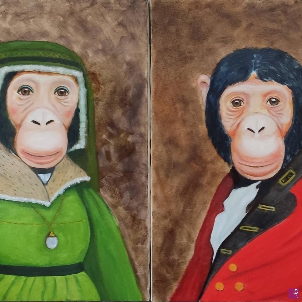 quadri in vendita online - Chimpanze -  coppia ad olio su tela