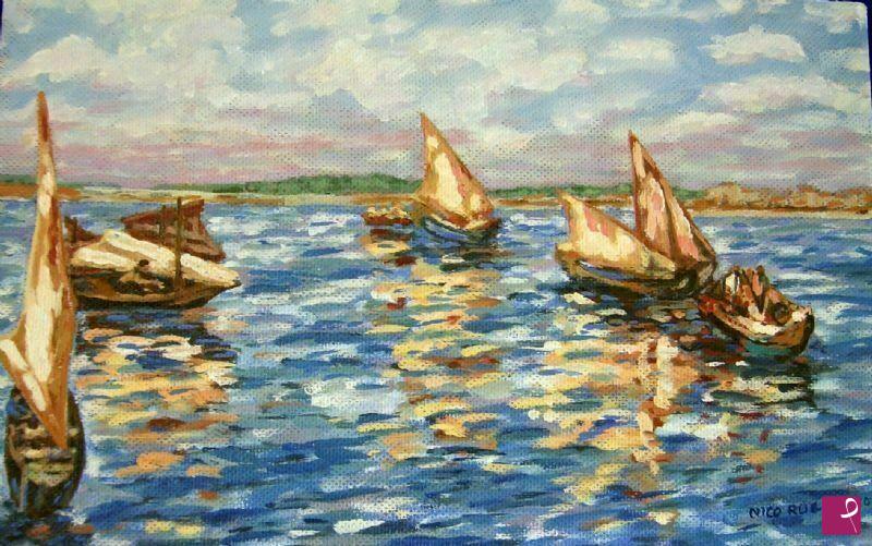 quadri in vendita online - Chioggia: Colori di Chioggia.              Barche in un tardo pomeriggio.