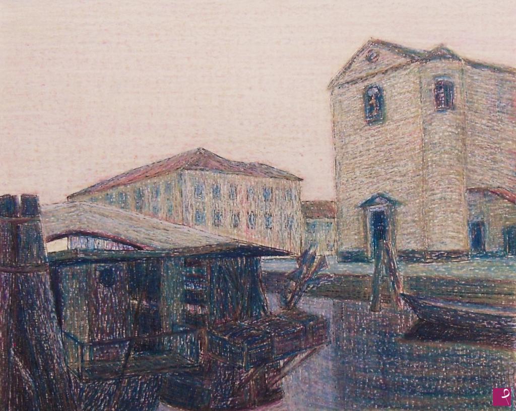 quadri in vendita online - Chioggia, il porto canale e la chiesa di san Domenico