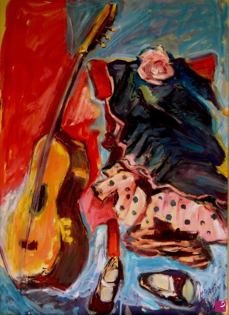 quadri in vendita online - Chitarra, scarpe e abito di una musicista/artista spagnola