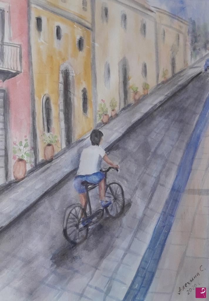 quadri in vendita online - Ciclista in citta