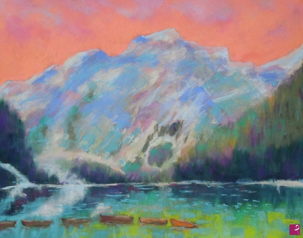 quadri in vendita online - Cielo rosa sul Lago di Braies - 122