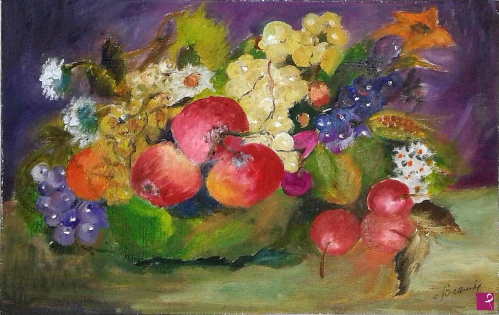 quadri in vendita online - ciotola con frutti e fiori