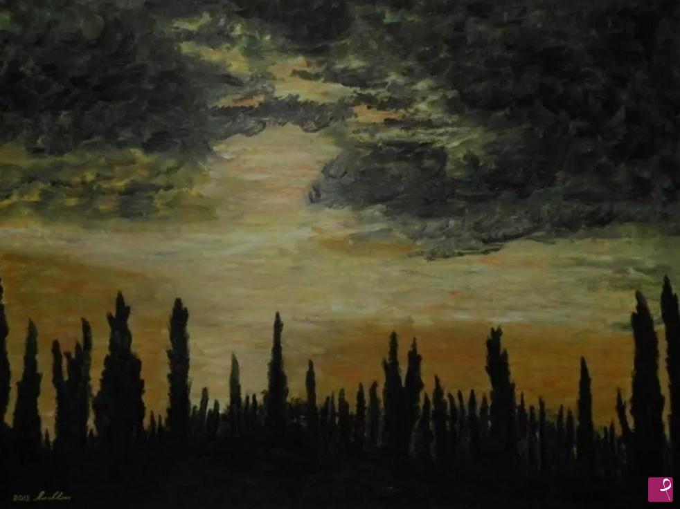 quadri in vendita online - Cipressi. Ordinati guerrieri schierati sulla linea del tramonto per proteggere il cielo. In una cangiante cornice, mostrano fieri la loro divisa. Instancabile veglia. 