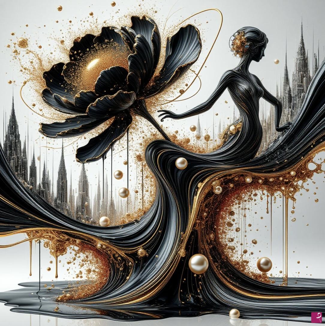 quadri in vendita online - City, black flower and woman 