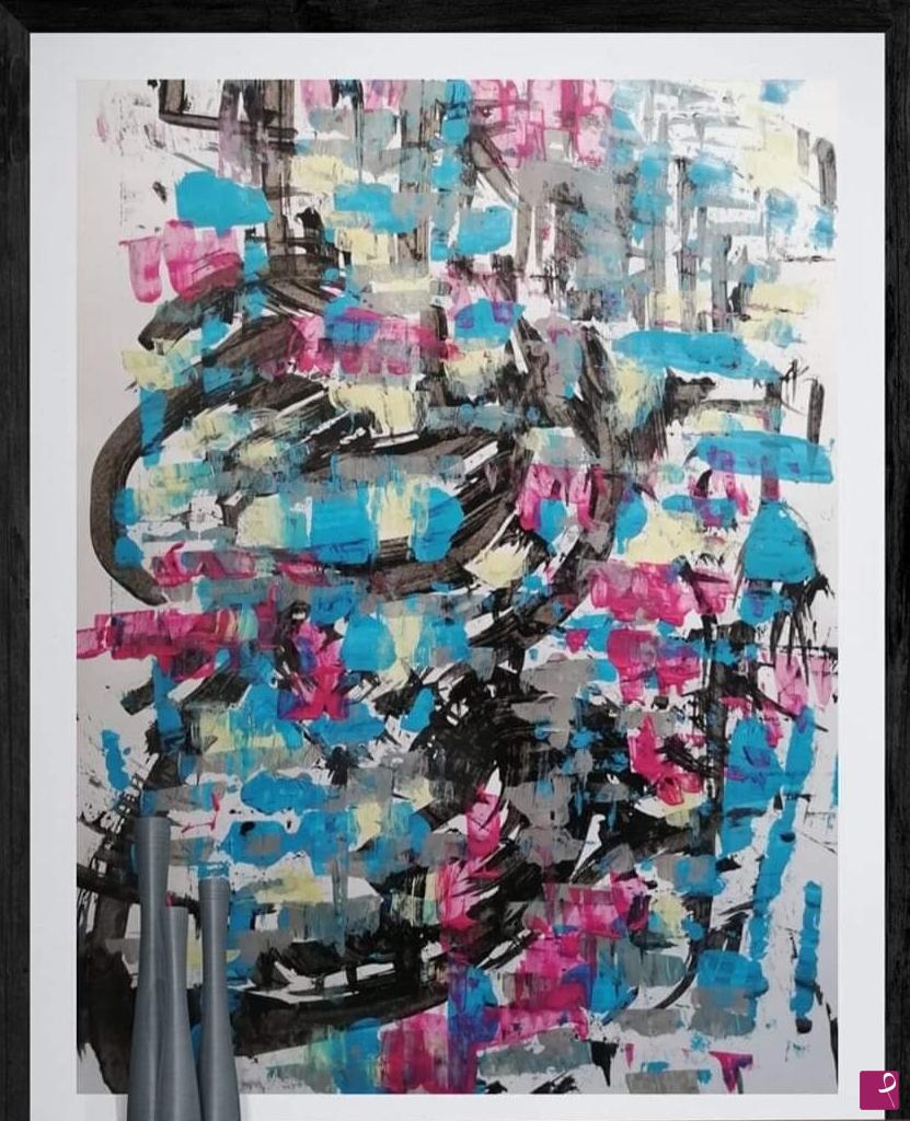 quadri in vendita online - Collezione 100 x 70 cm Azzurro Cielo Nero Magenta Lovisi Valter dipinto quadro astratto