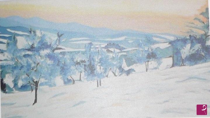 quadri in vendita online - colline e ulivi blu con effetto neve al tramonto