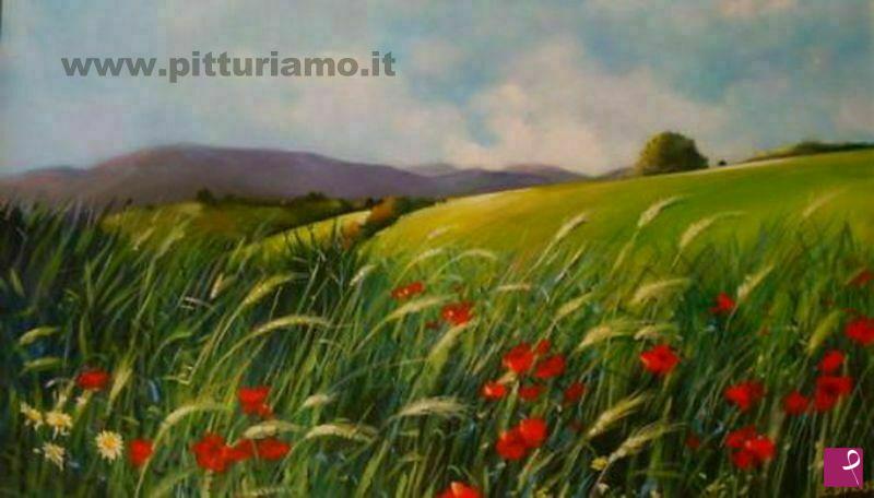 quadri in vendita online - Colline laziali e papaveri