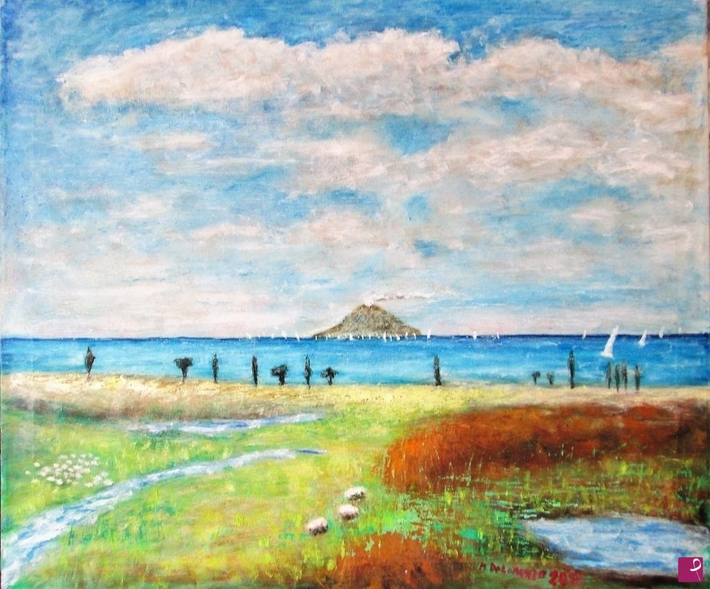 quadri in vendita online - Colline verdi a Monteporo-Tropea e Stromboli  anno 2017 olio/tela 70x60 800€ disponibile