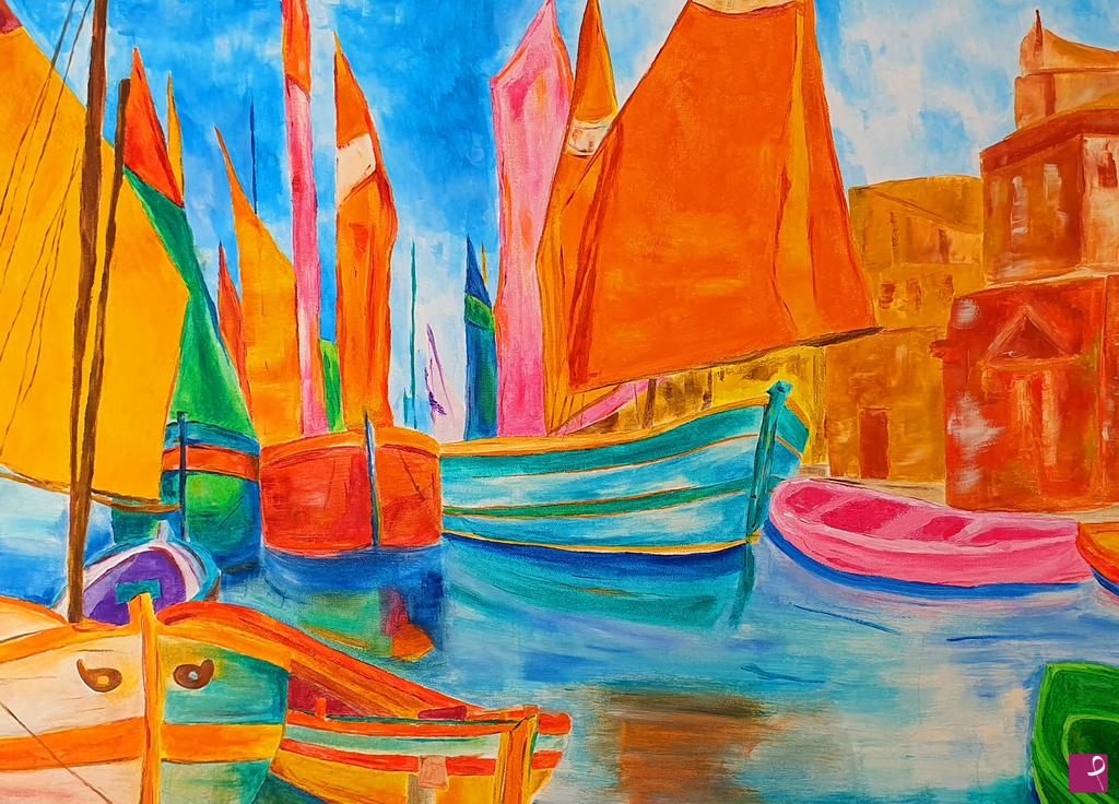 quadri in vendita online - Colors Boats, oil on canvas