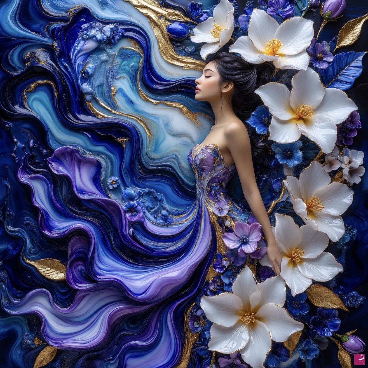 quadri in vendita online - Colour waves, flowers and girl 